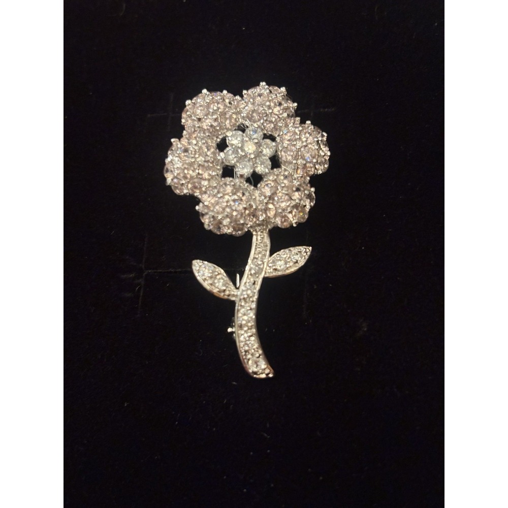 Vintage FAS 925 STERLING SILVER Clear&Pink Crystal Flower Brooch.